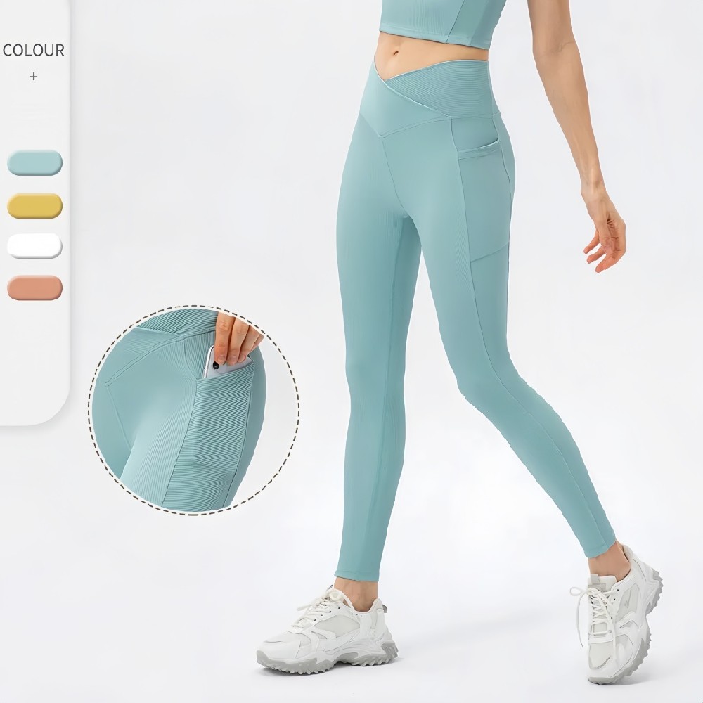 High Waist V-Cut Yoga Leggings with Pockets – Hip-Lifting Slim Fit Workout Pants for Women