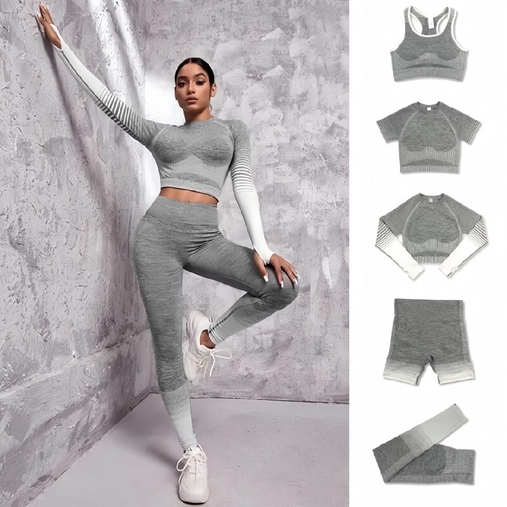 2PCS Women’s Seamless Gym Outfit Set – Sports Bra, Long Sleeve Top, Shorts & Booty Leggings