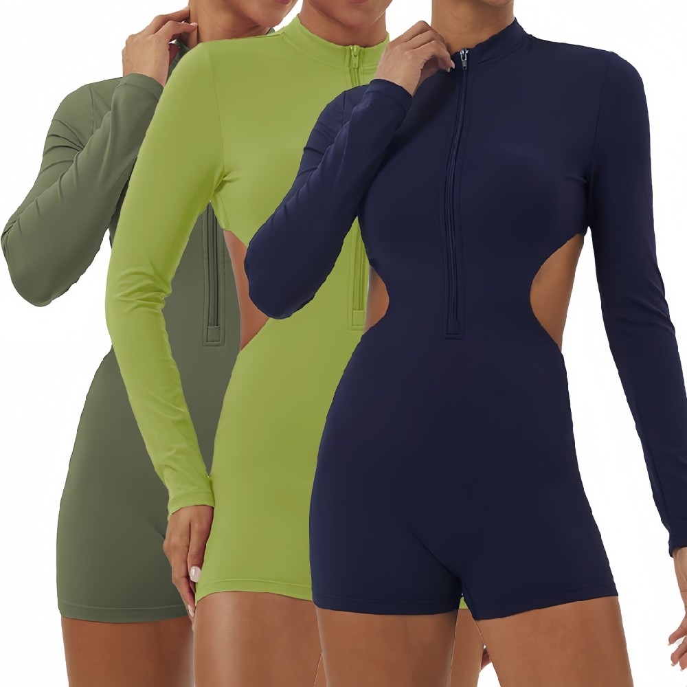 Wholesale Long Sleeve Yoga Jumpsuit with Chest Pad – Back Hollow Half-Zip Workout Bodysuit for Women