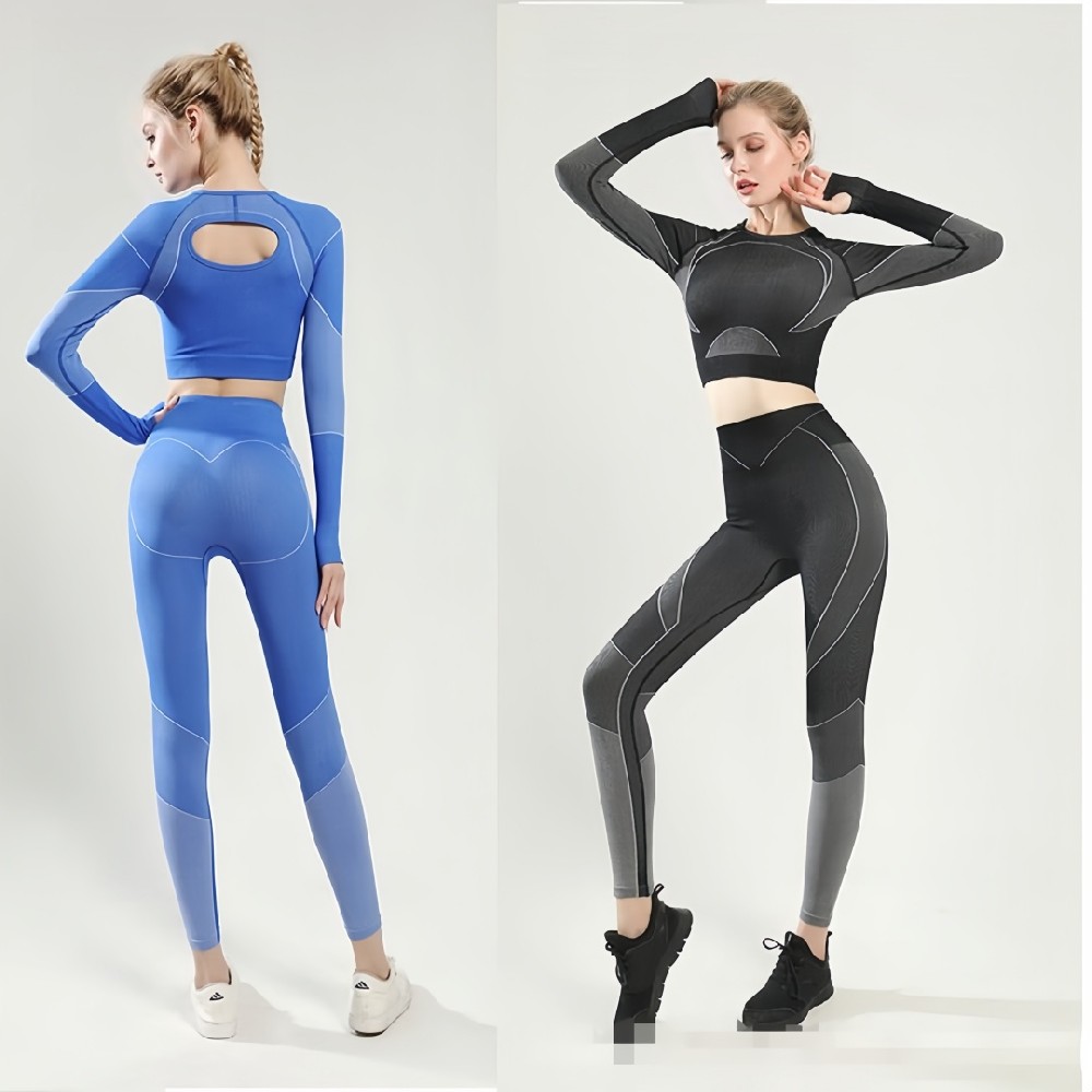 Seamless High Waist Leggings and Crop Top Set – Striped Long Sleeve Yoga Activewear Suit